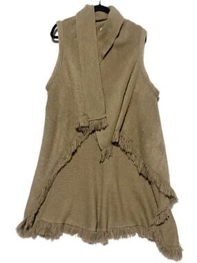 Origami by Vivien Brown Fringe Poncho Open Front Knit Shawl Wrap One Size OS